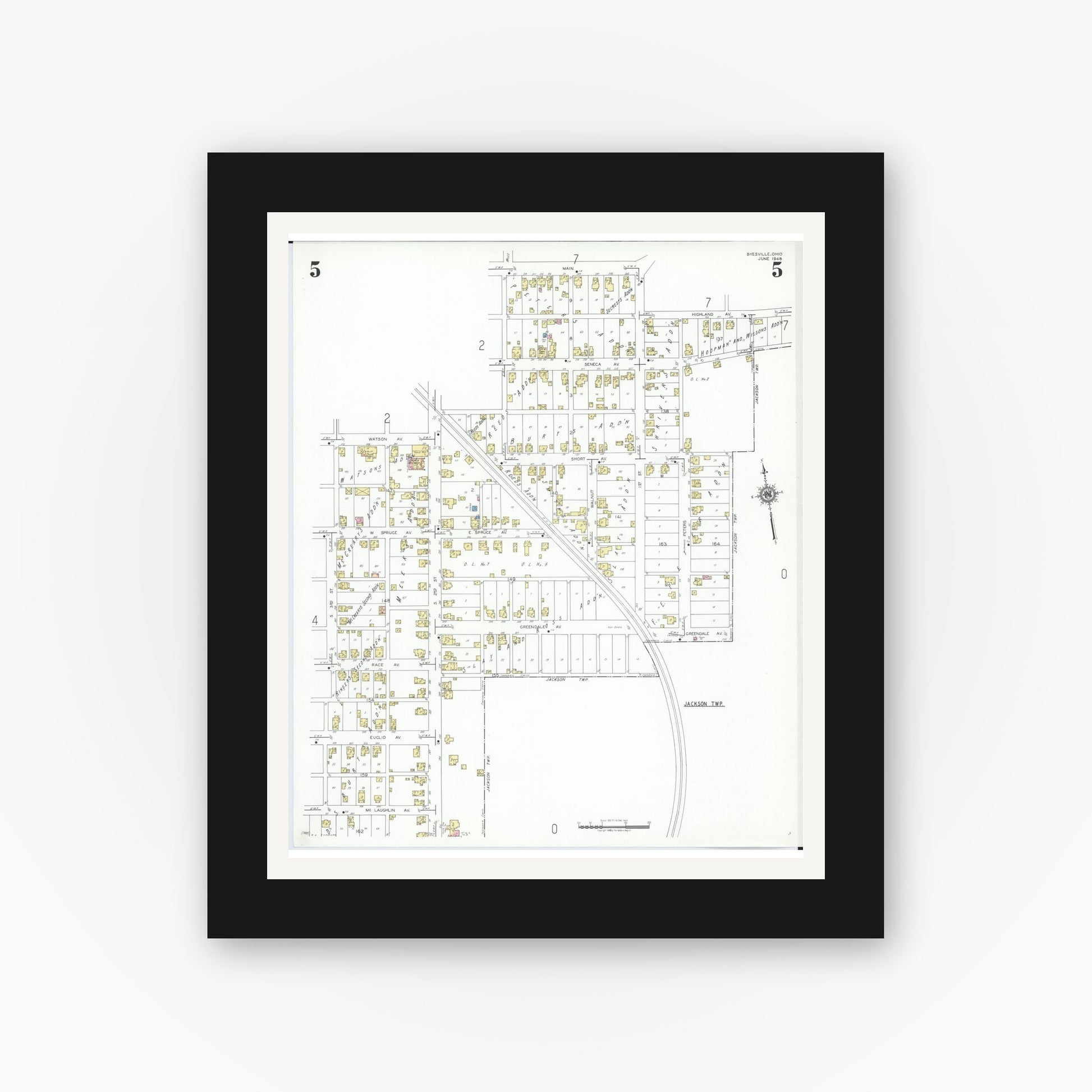 Old map wall art mockup — black gallery frame with white mat — Sanborn Fire Insurance Map from Byesville, Guernsey County, Ohio (1948), Sheet #0005