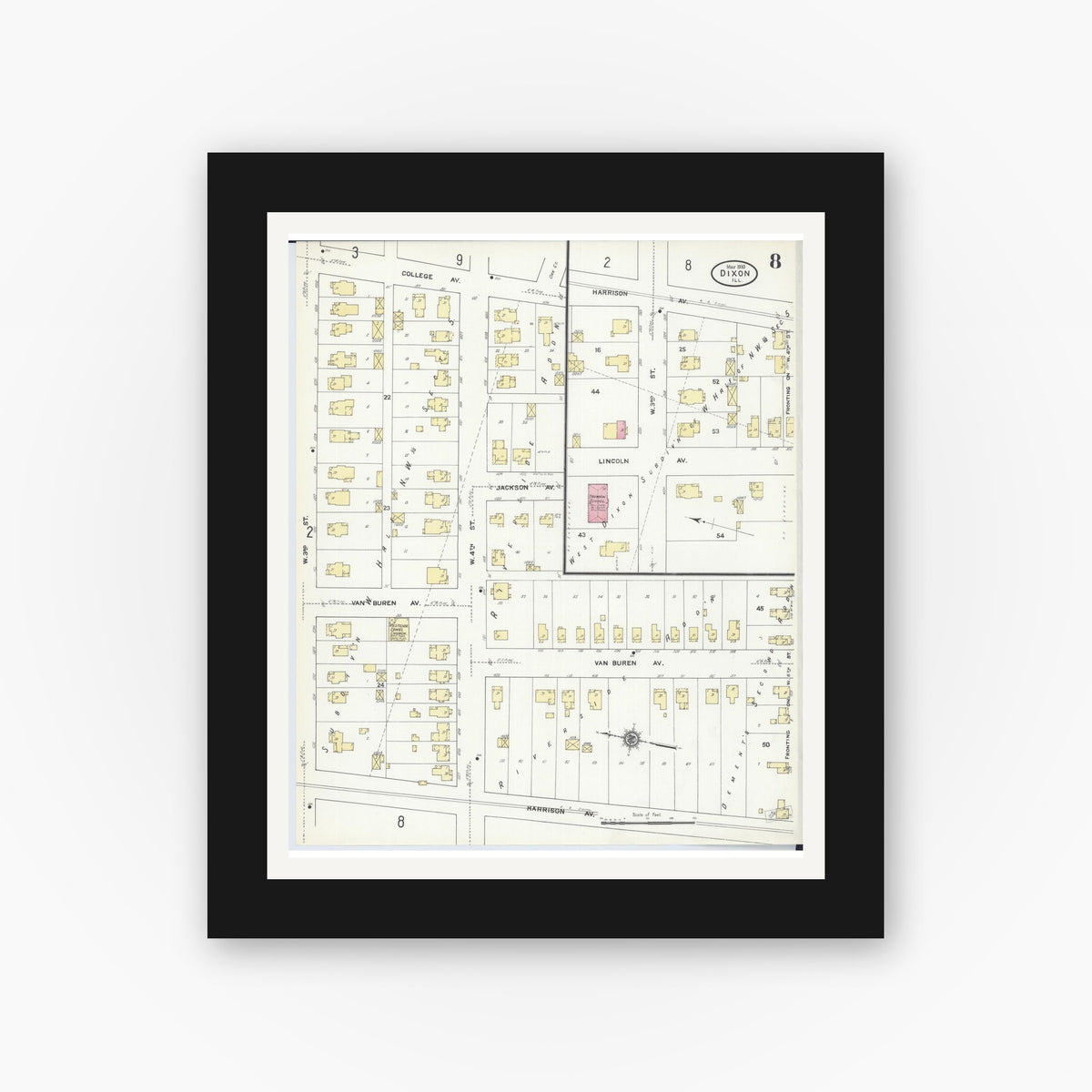 Old map wall art mockup — black gallery frame with white mat — Sanborn Fire Insurance Map from Dixon, Lee County, Illinois (1910), Sheet #0008