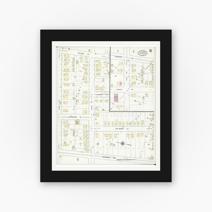 Old map wall art mockup — black gallery frame with white mat — Sanborn Fire Insurance Map from Dixon, Lee County, Illinois (1910), Sheet #0008