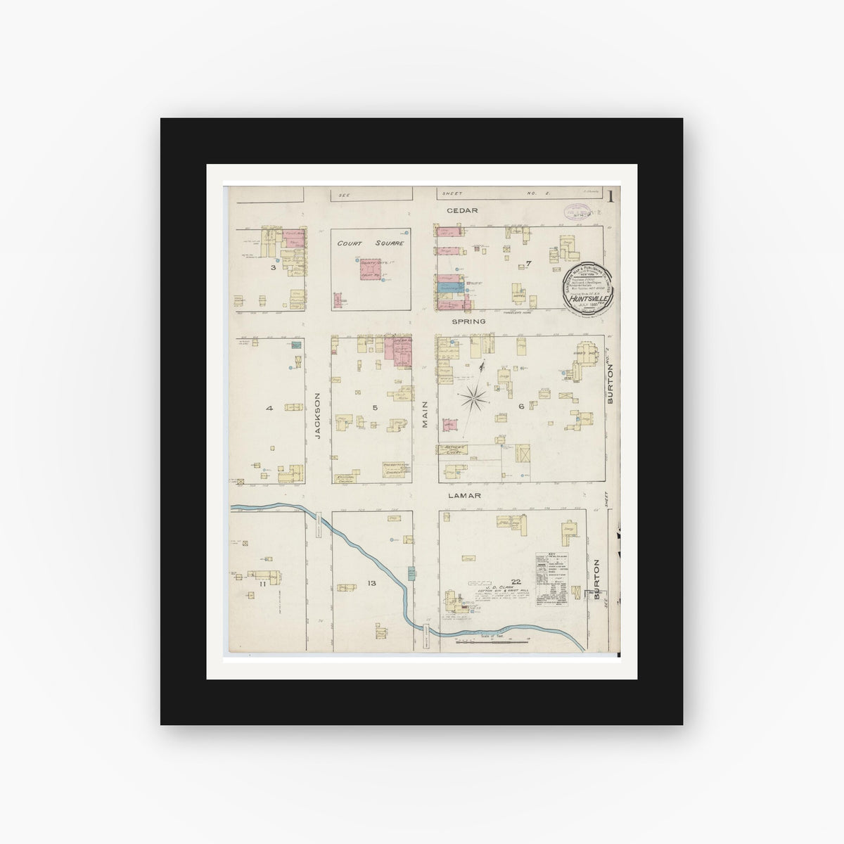 Old map wall art mockup — black gallery frame with white mat — Sanborn Fire Insurance Map from Huntsville, Walker County, Texas (1885) - Complete Map Set