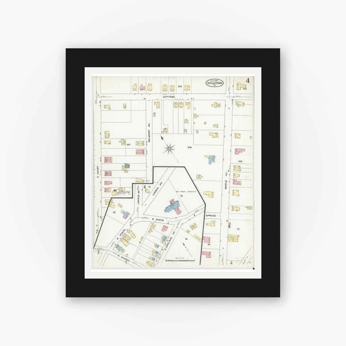 Old map wall art mockup — black gallery frame with white mat — Sanborn Fire Insurance Map from Doylestown, Bucks County, Pennsylvania (1909), Sheet #0004