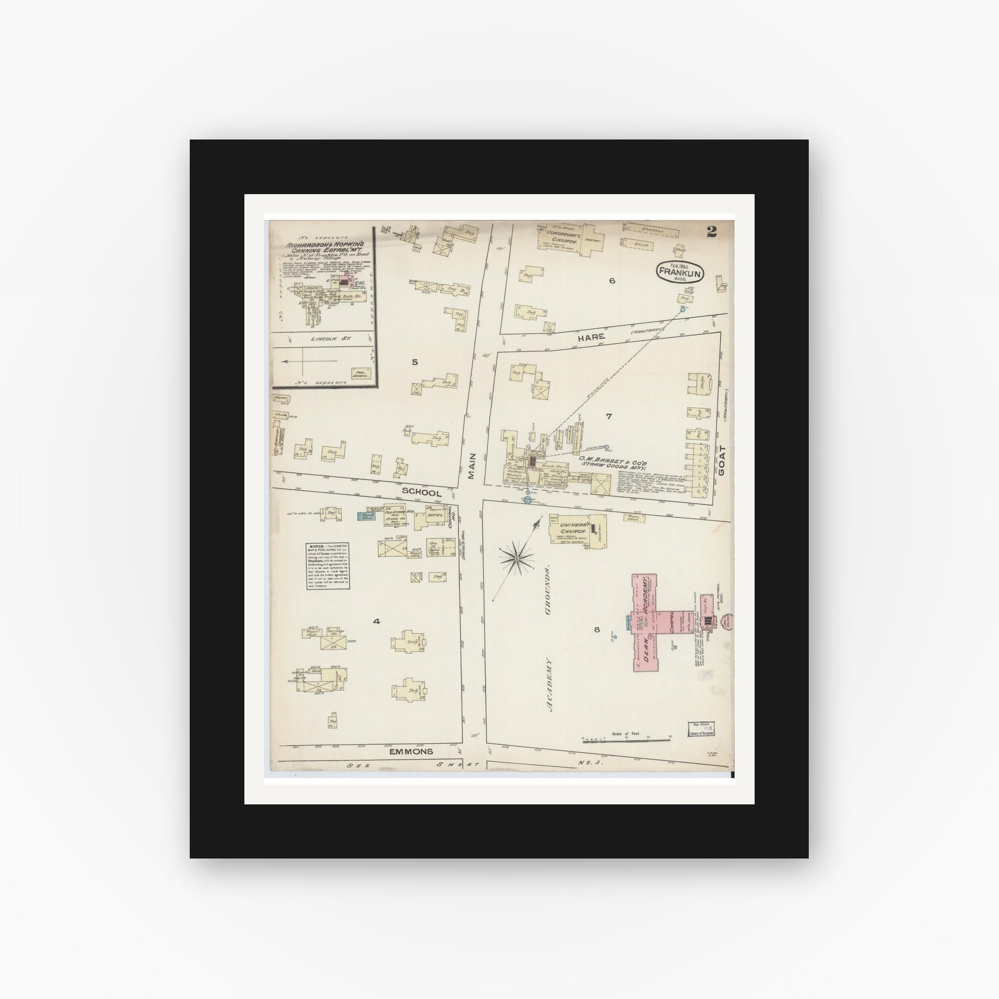 Old map wall art mockup — black gallery frame with white mat — Sanborn Fire Insurance Map from Franklin, Norfolk County, Massachusetts (1884), Sheet #0002