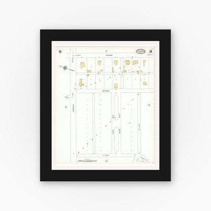 Old map wall art mockup — black gallery frame with white mat — Sanborn Fire Insurance Map from Taylor, Williamson County, Texas (1923), Sheet #0009