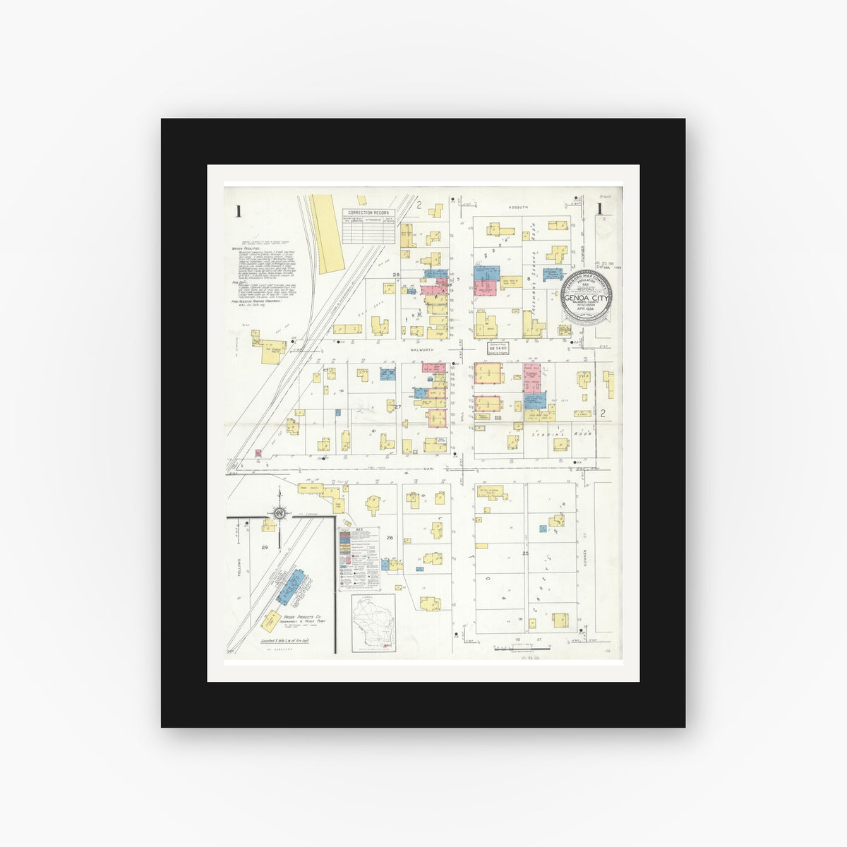Old map wall art mockup — black gallery frame with white mat — Sanborn Fire Insurance Map from Genoa City, Walworth County, Wisconsin (1934) - Complete Map Set
