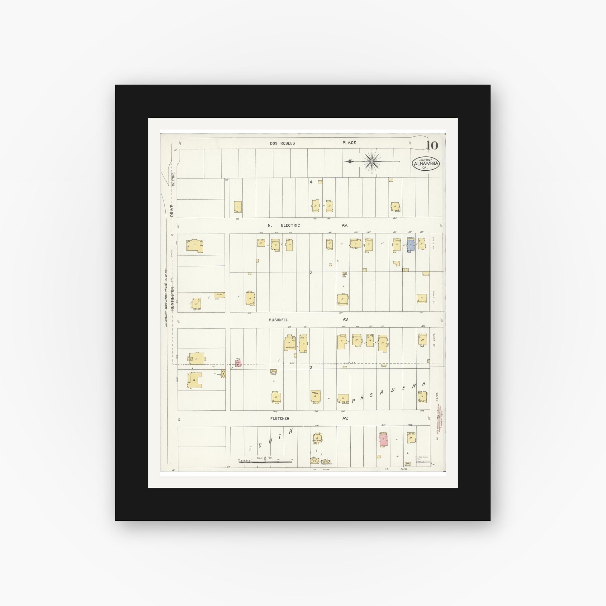 Old map wall art mockup — black gallery frame with white mat — Sanborn Fire Insurance Map from Alhambra, Los Angeles County, California (1907), Sheet #0010