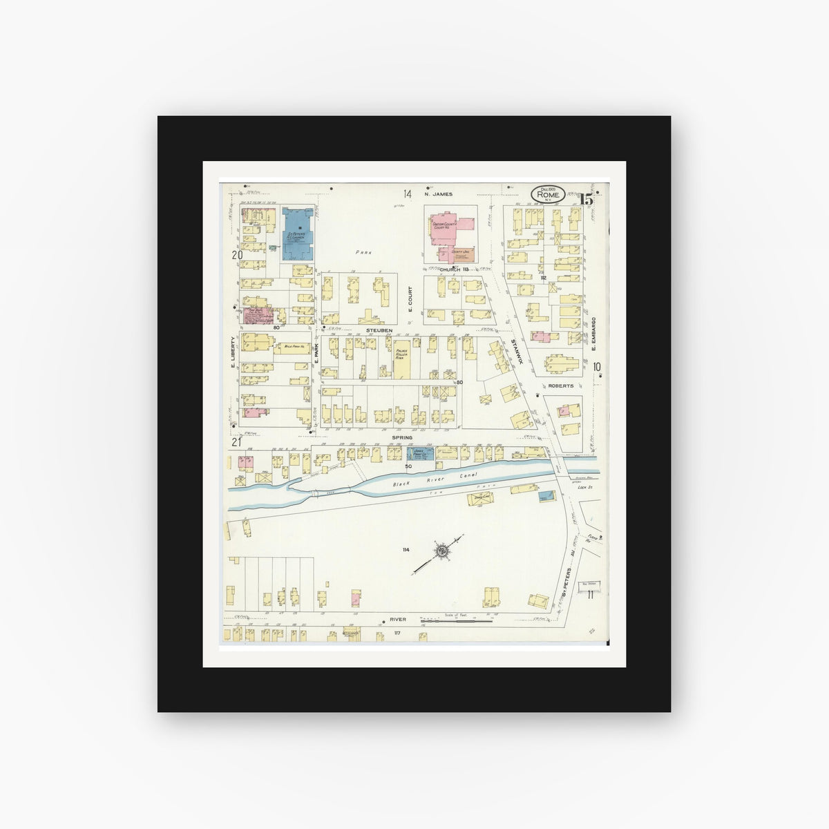 Old map wall art mockup — black gallery frame with white mat — Sanborn Fire Insurance Map from Rome, Oneida County, New York (1909), Sheet #0015