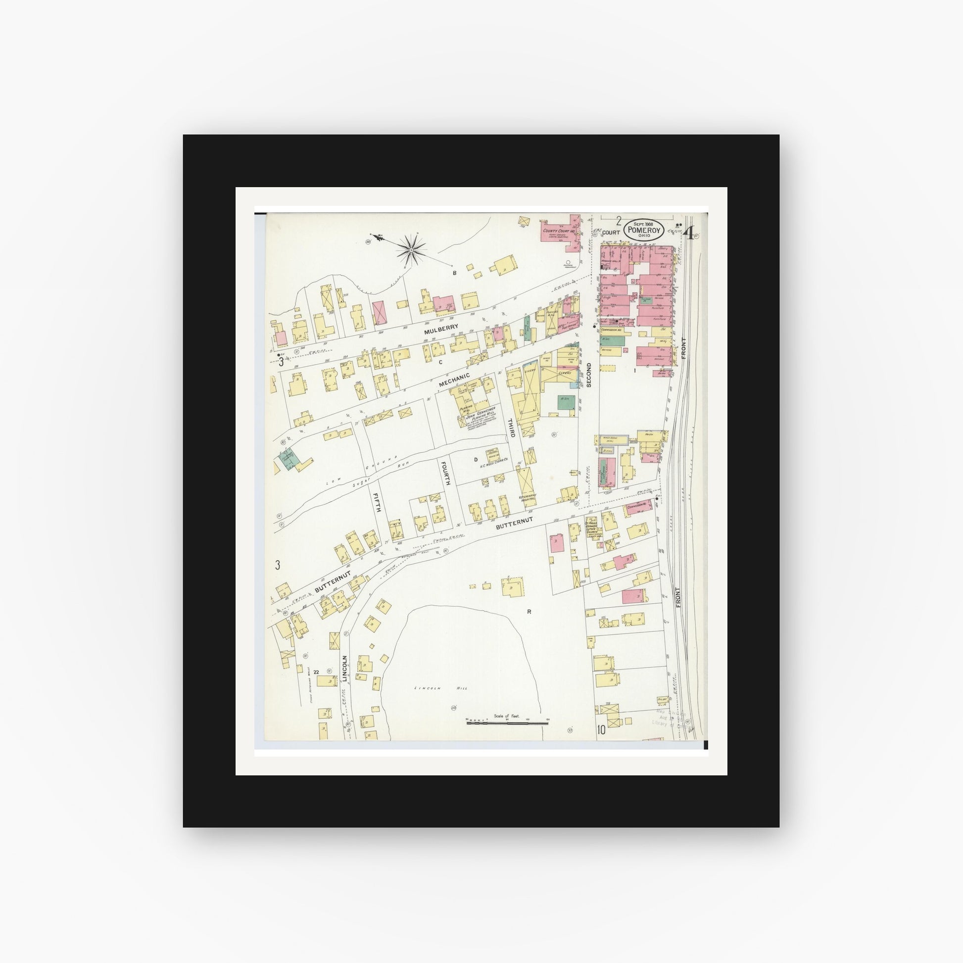 Old map wall art mockup — black gallery frame with white mat — Sanborn Fire Insurance Map from Pomeroy, Meigs County, Ohio (1908), Sheet #0004