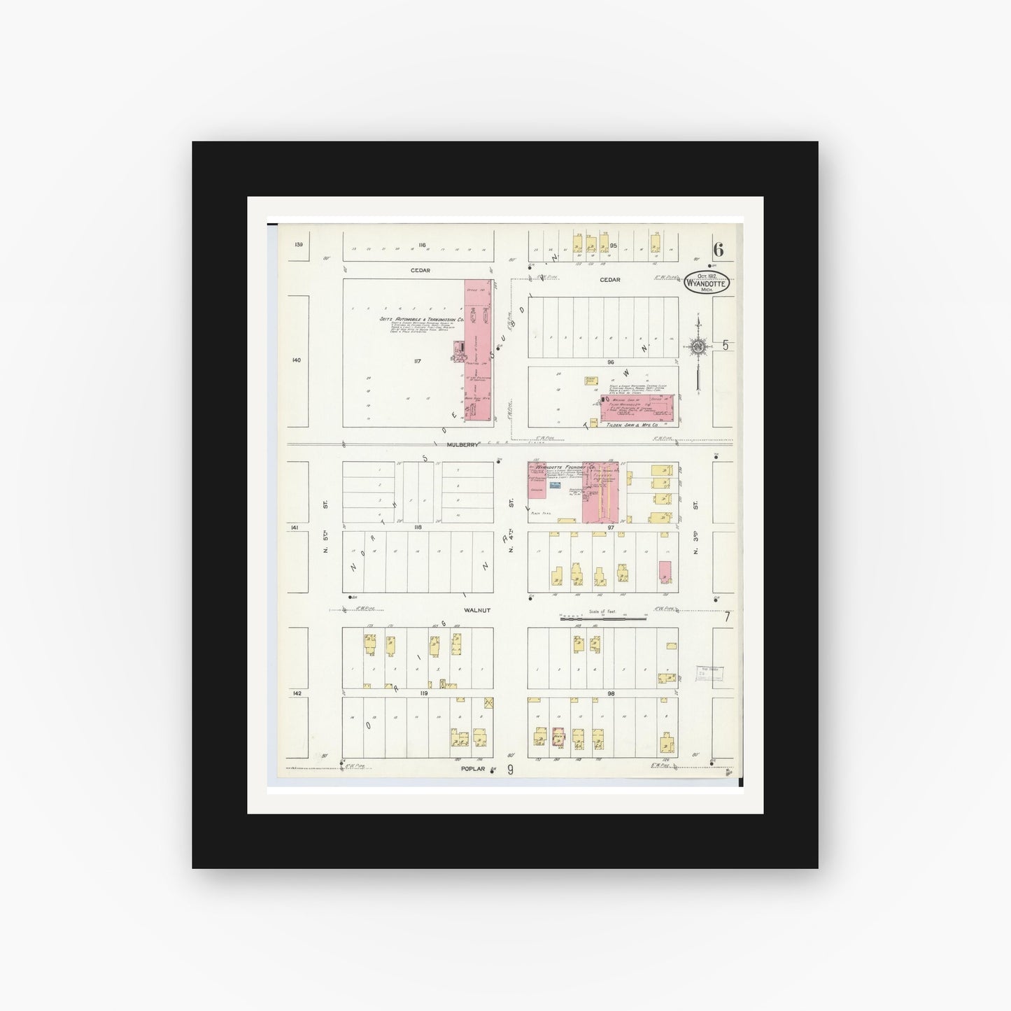 Old map wall art mockup — black gallery frame with white mat — Sanborn Fire Insurance Map from Wyandotte, Wayne County, Michigan (1912), Sheet #0006