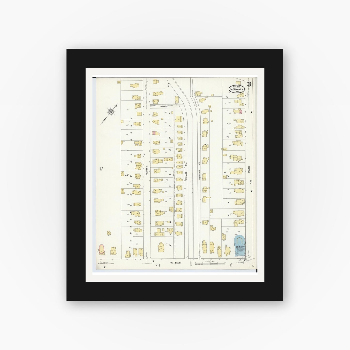 Old map wall art mockup — black gallery frame with white mat — Sanborn Fire Insurance Map from Norwalk, Huron County, Ohio (1911), Sheet #0003
