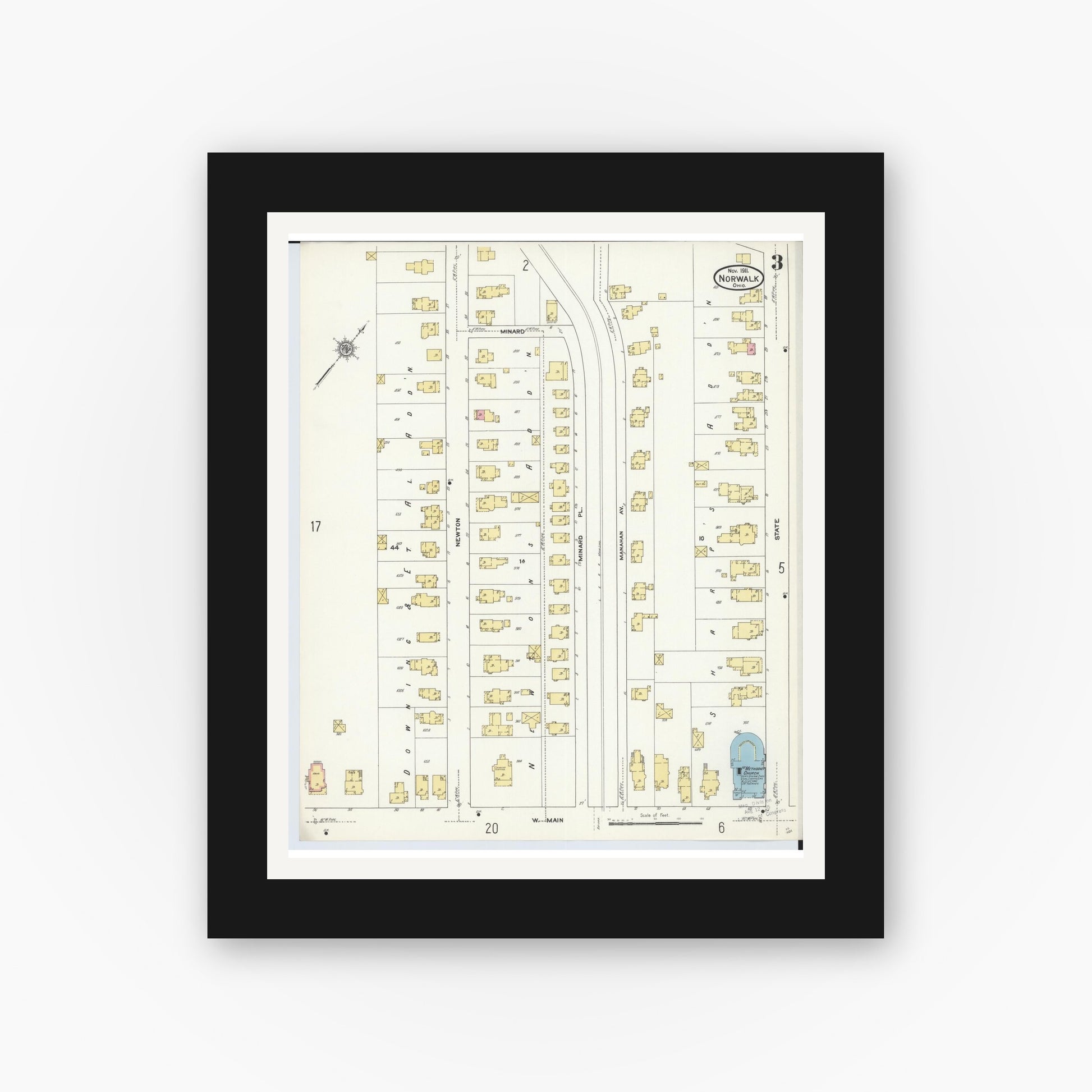 Old map wall art mockup — black gallery frame with white mat — Sanborn Fire Insurance Map from Norwalk, Huron County, Ohio (1911), Sheet #0003