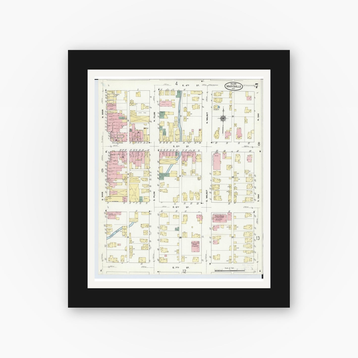 Old map wall art mockup — black gallery frame with white mat — Sanborn Fire Insurance Map from Marysville, Union County, Ohio (1910), Sheet #0007