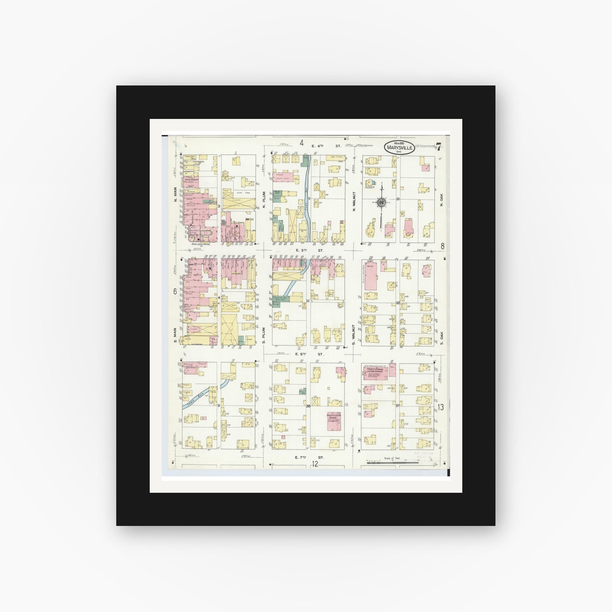 Old map wall art mockup — black gallery frame with white mat — Sanborn Fire Insurance Map from Marysville, Union County, Ohio (1910), Sheet #0007