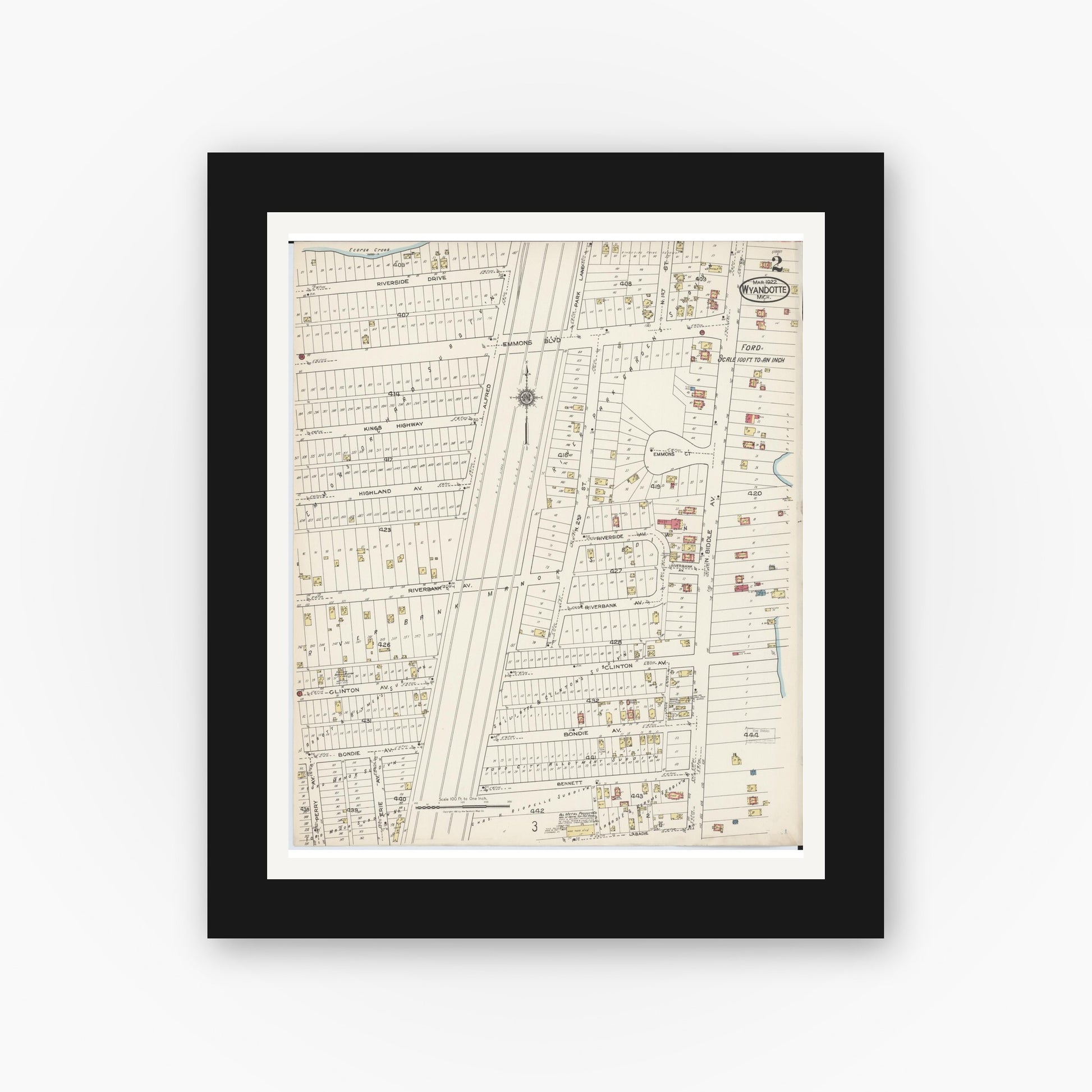 Old map wall art mockup — black gallery frame with white mat — Sanborn Fire Insurance Map from Wyandotte, Wayne County, Michigan (1922), Sheet #0002