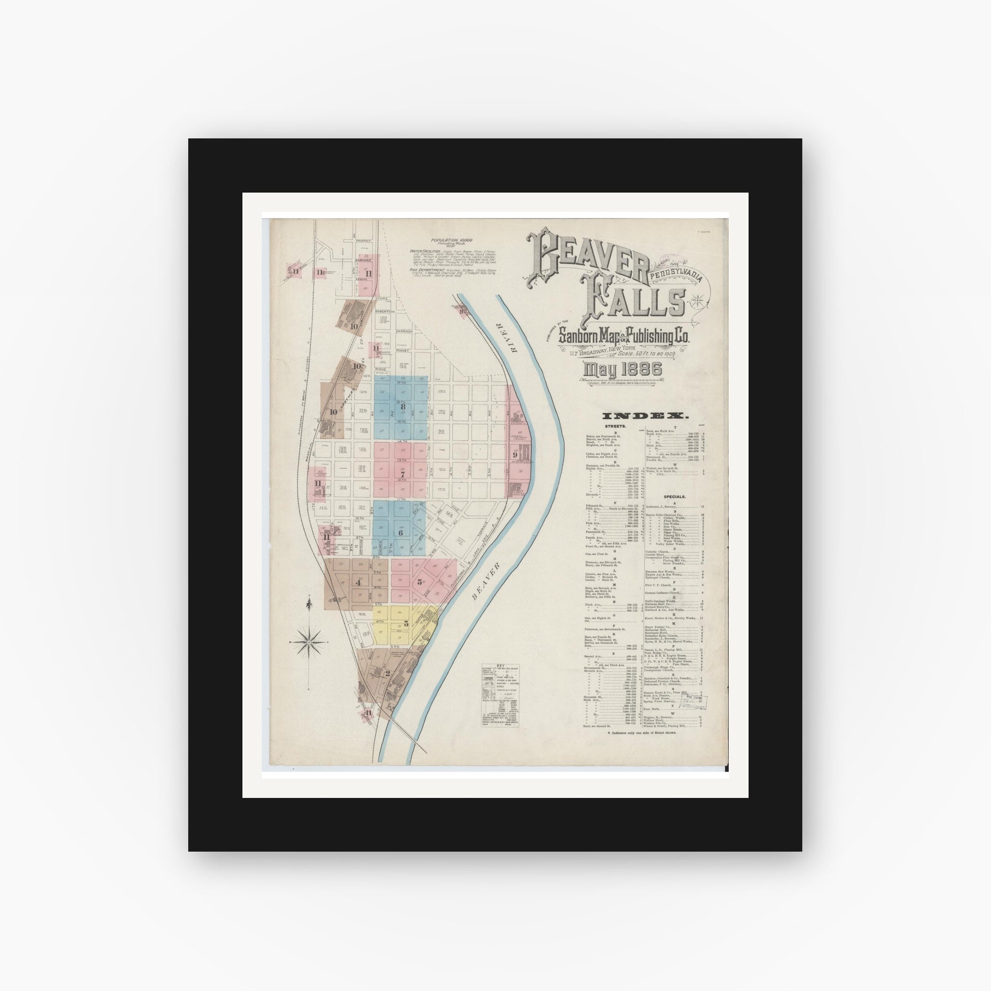 Old map wall art mockup — black gallery frame with white mat — Sanborn Fire Insurance Map from Beaver Falls, Beaver County, Pennsylvania (1886), Sheet #0001