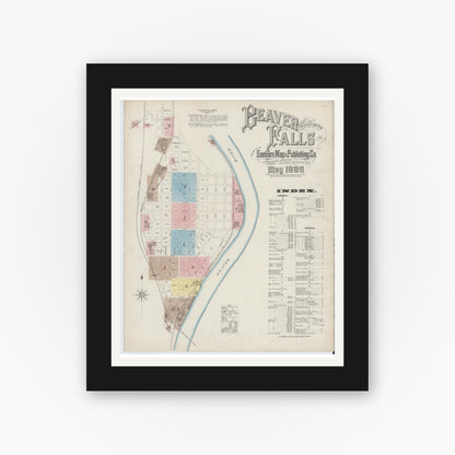 Old map wall art mockup — black gallery frame with white mat — Sanborn Fire Insurance Map from Beaver Falls, Beaver County, Pennsylvania (1886), Sheet #0001