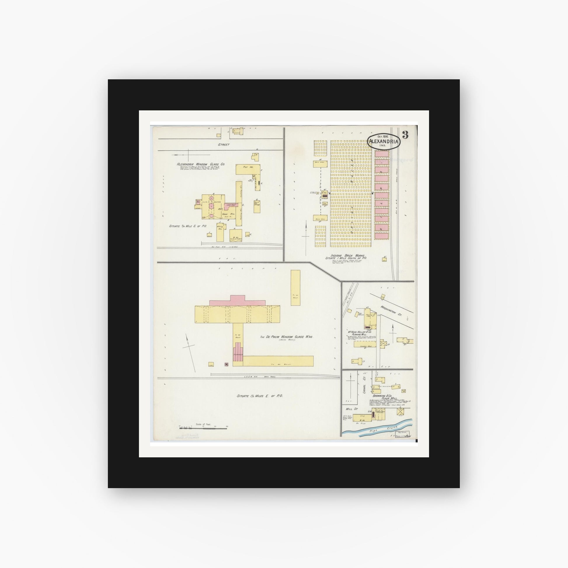 Old map wall art mockup — black gallery frame with white mat — Sanborn Fire Insurance Map from Alexandria, Madison County, Indiana (1892), Sheet #0003