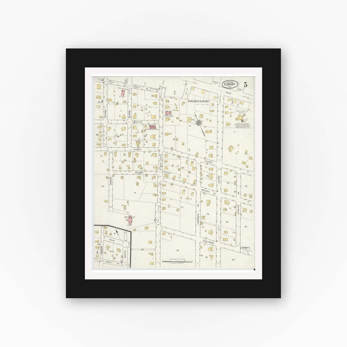 Old map wall art mockup — black gallery frame with white mat — Sanborn Fire Insurance Map from Forney, Kaufman County, Texas (1919), Sheet #0005