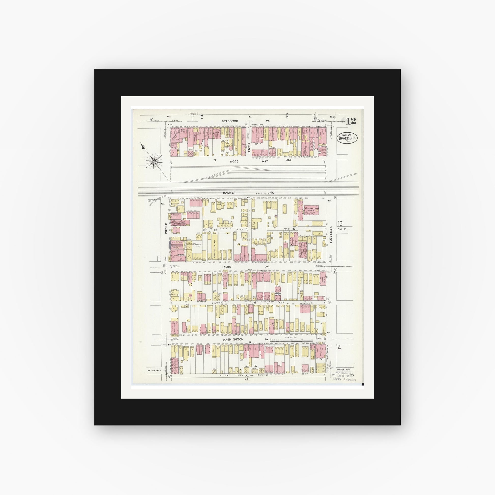 Old map wall art mockup — black gallery frame with white mat — Sanborn Fire Insurance Map from Braddock, Allegheny County, Pennsylvania (1908), Sheet #0012