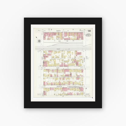 Old map wall art mockup — black gallery frame with white mat — Sanborn Fire Insurance Map from Braddock, Allegheny County, Pennsylvania (1908), Sheet #0012