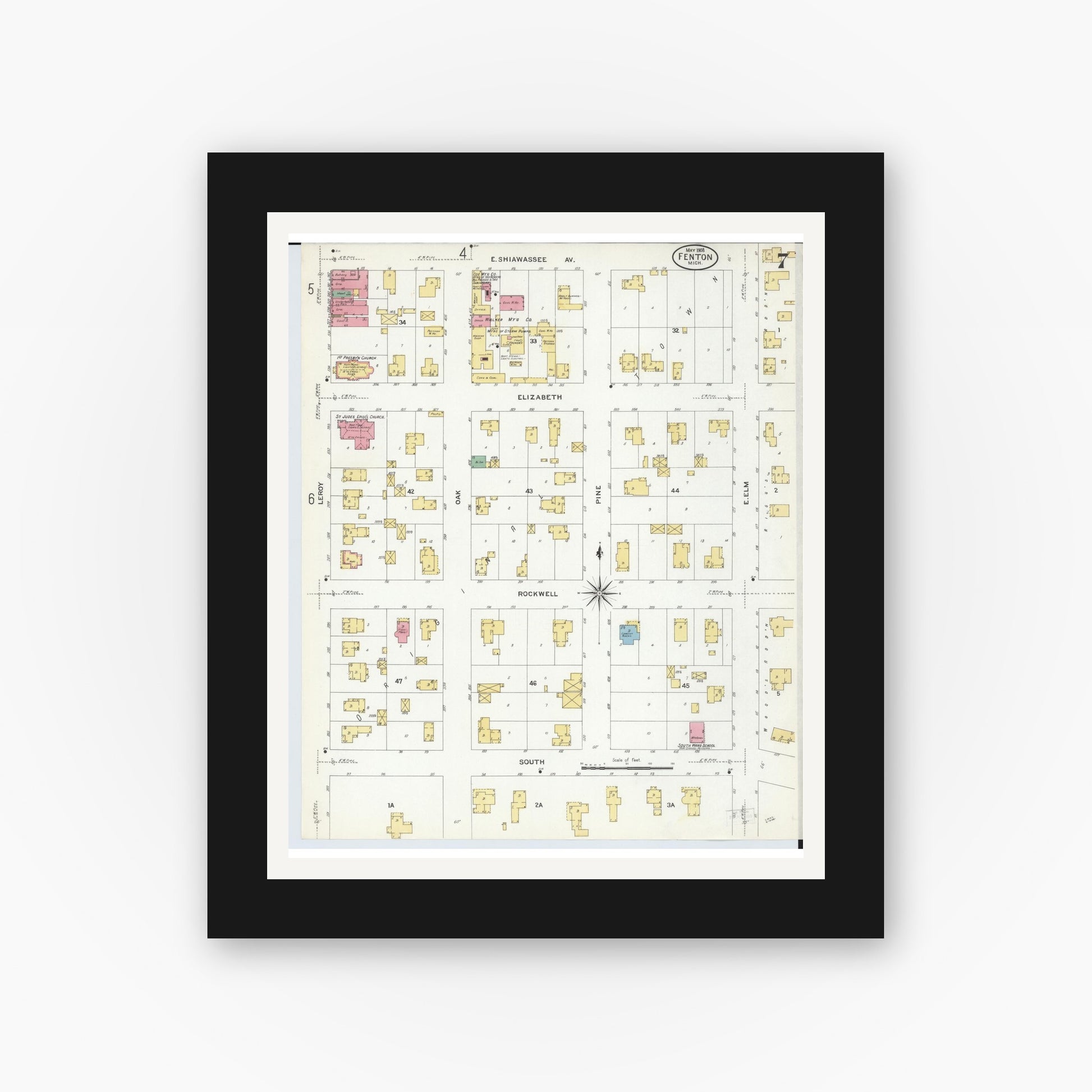 Old map wall art mockup — black gallery frame with white mat — Sanborn Fire Insurance Map from Fenton, Genesee County, Michigan (1908), Sheet #0007