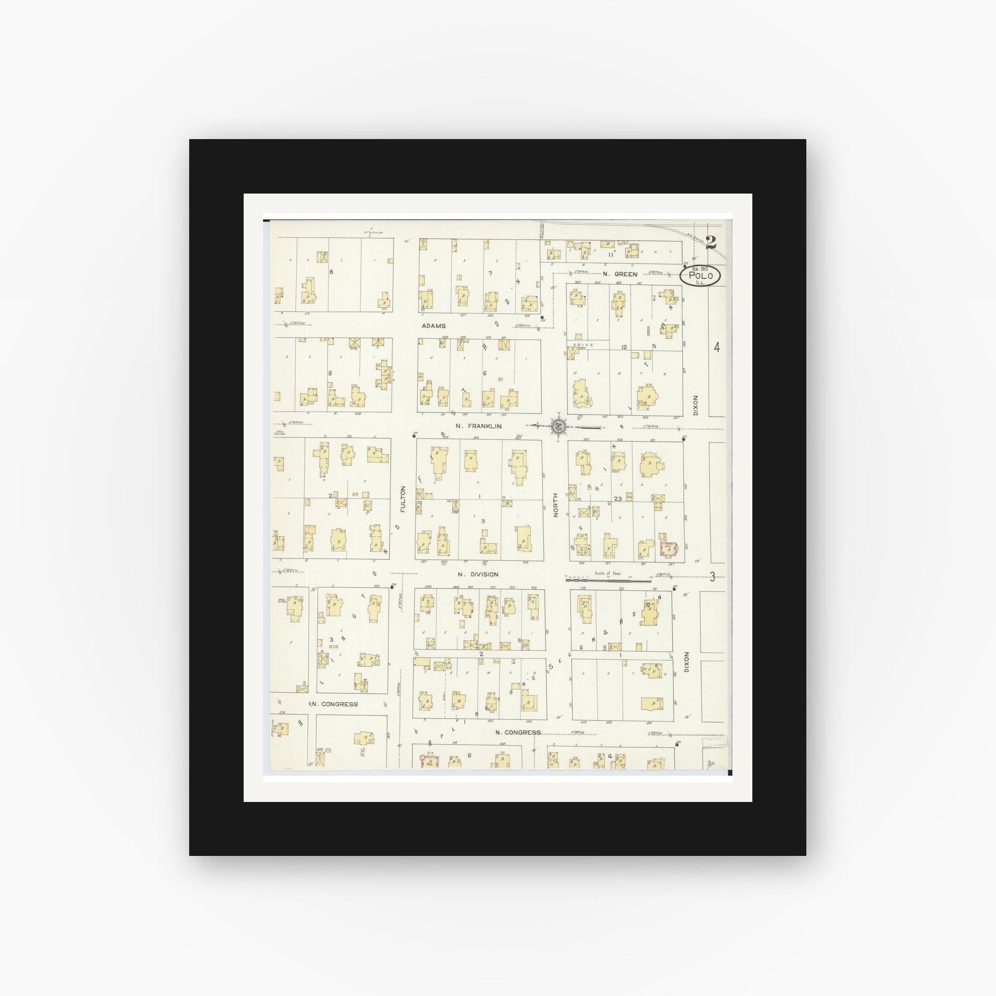 Old map wall art mockup — black gallery frame with white mat — Sanborn Fire Insurance Map from Polo, Ogle County, Illinois (1913), Sheet #0002
