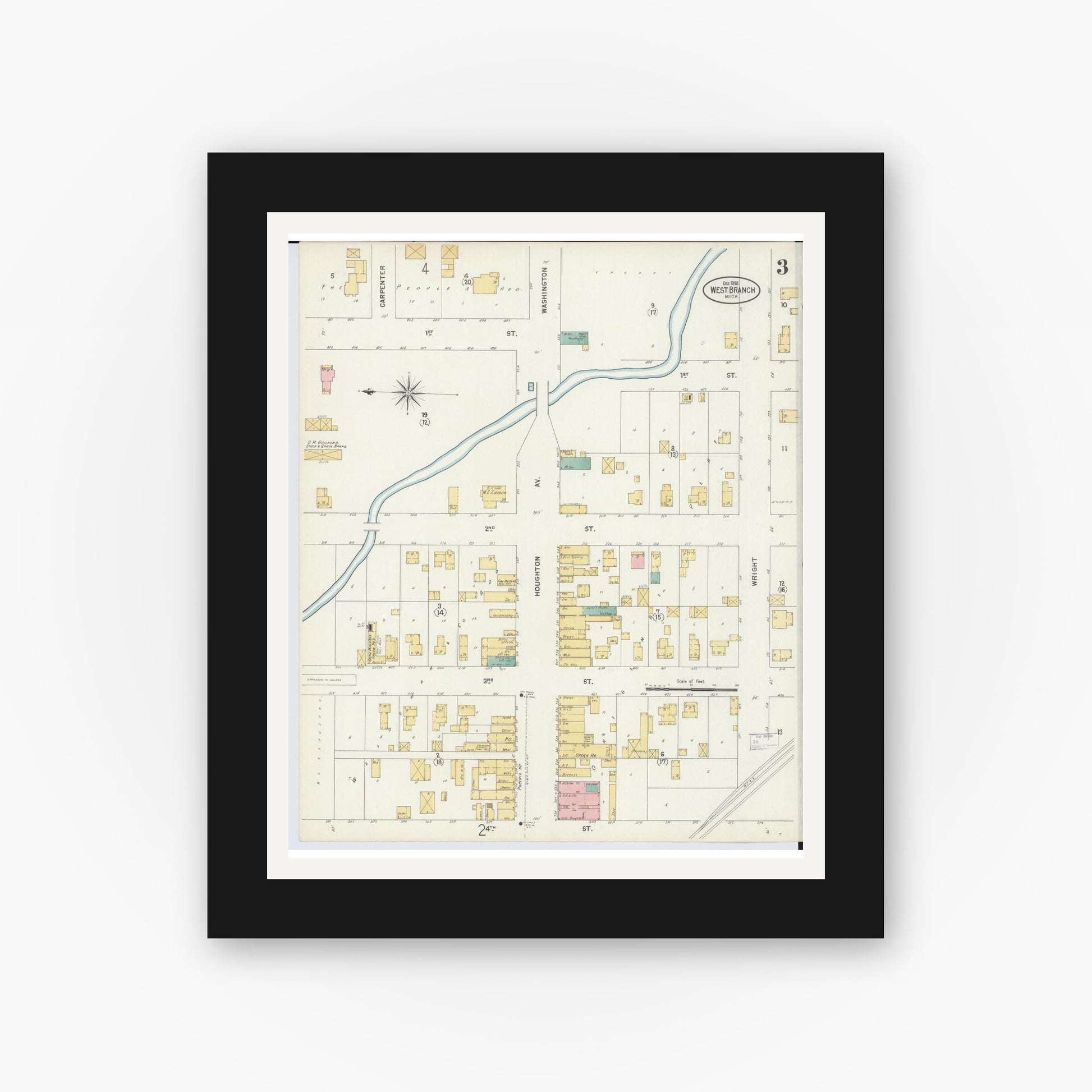 Old map wall art mockup — black gallery frame with white mat — Sanborn Fire Insurance Map from West Branch, Ogemaw County, Michigan (1898), Sheet #0003