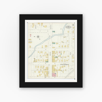 Old map wall art mockup — black gallery frame with white mat — Sanborn Fire Insurance Map from West Branch, Ogemaw County, Michigan (1898), Sheet #0003