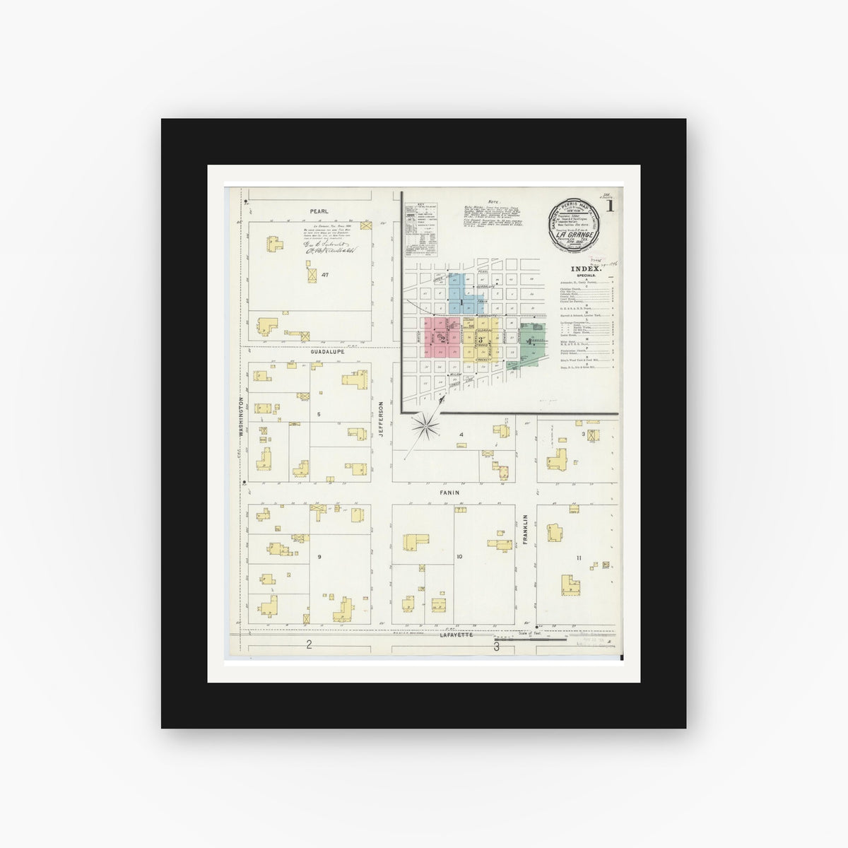 Old map wall art mockup — black gallery frame with white mat — Sanborn Fire Insurance Map from La Grange, Fayette County, Texas (1896) - Complete Map Set