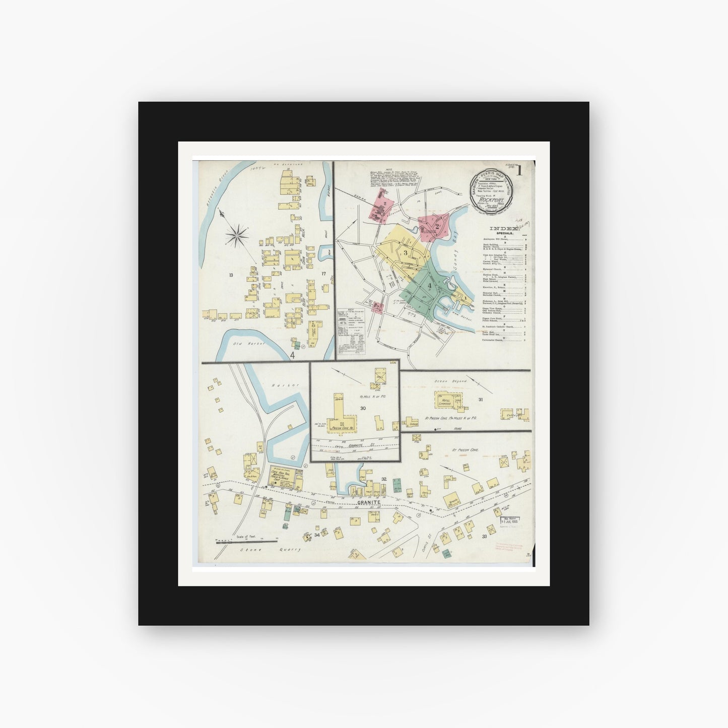 Old map wall art mockup — black gallery frame with white mat — Sanborn Fire Insurance Map from Rockport, Essex County, Massachusetts (1897) - Complete Map Set