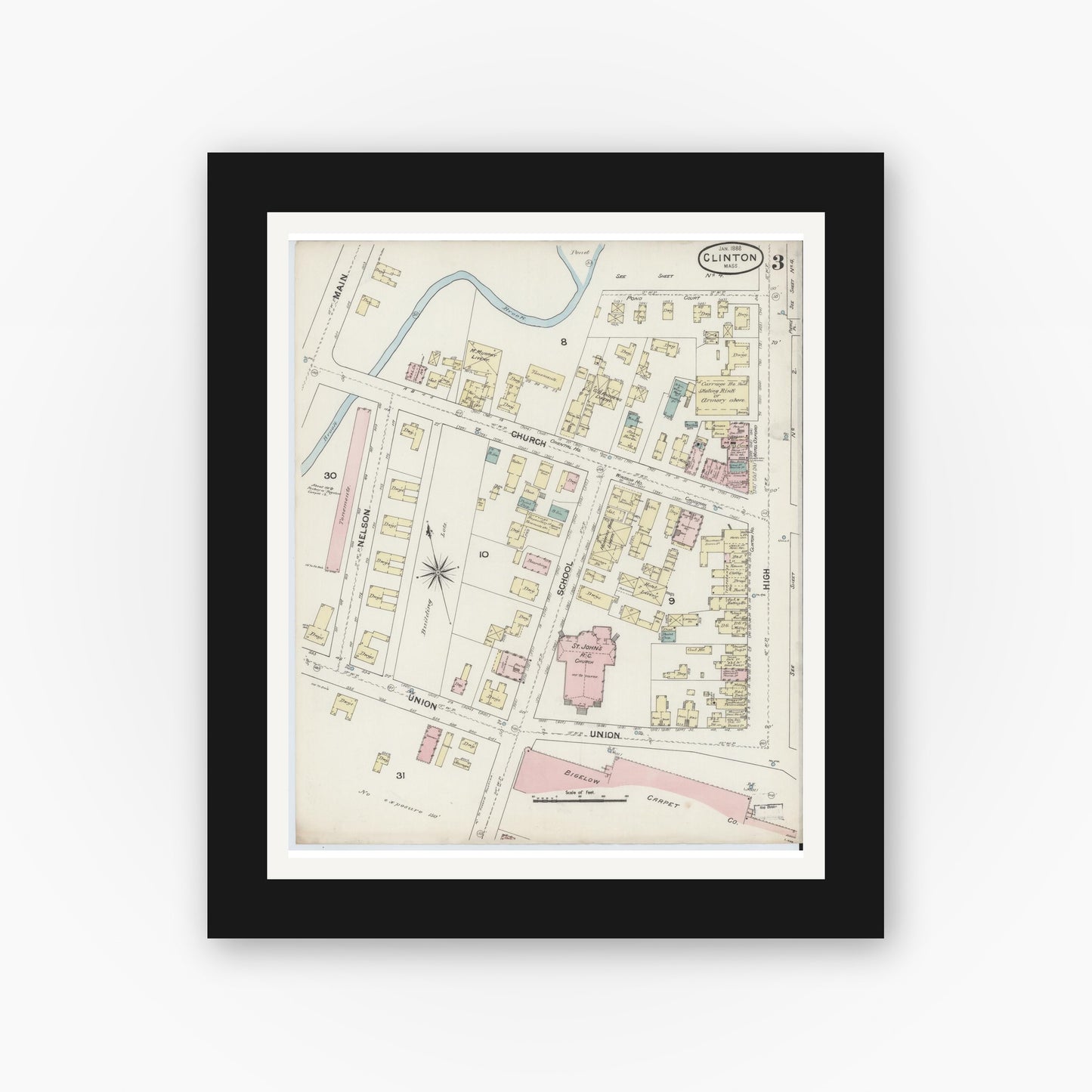 Old map wall art mockup — black gallery frame with white mat — Sanborn Fire Insurance Map from Clinton, Worcester County, Massachusetts (1888), Sheet #0003