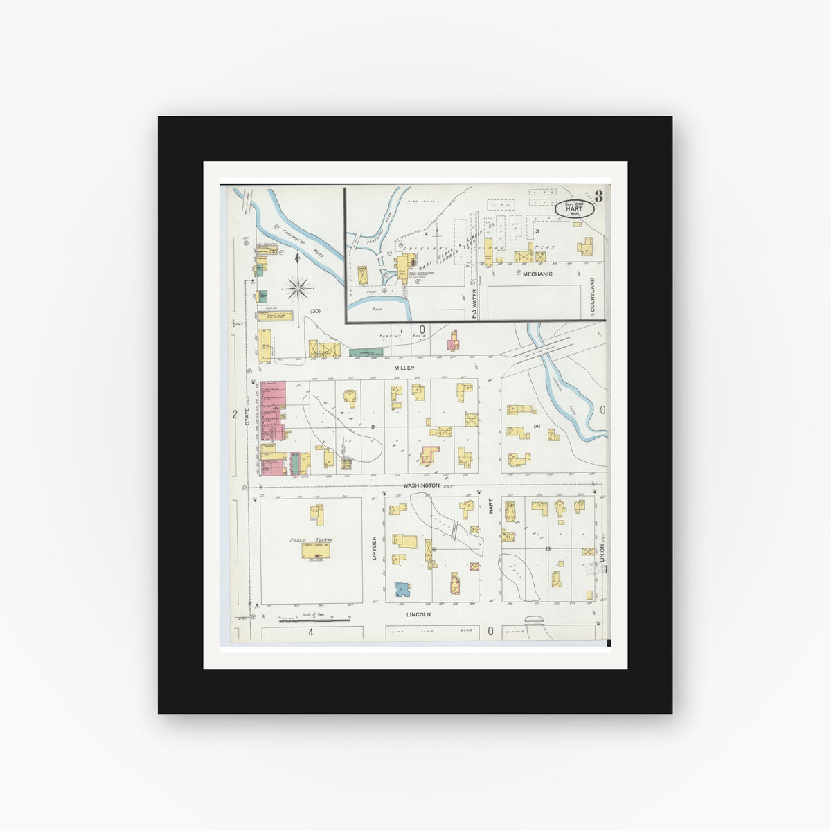 Old map wall art mockup — black gallery frame with white mat — Sanborn Fire Insurance Map from Hart, Oceana County, Michigan (1900), Sheet #0003