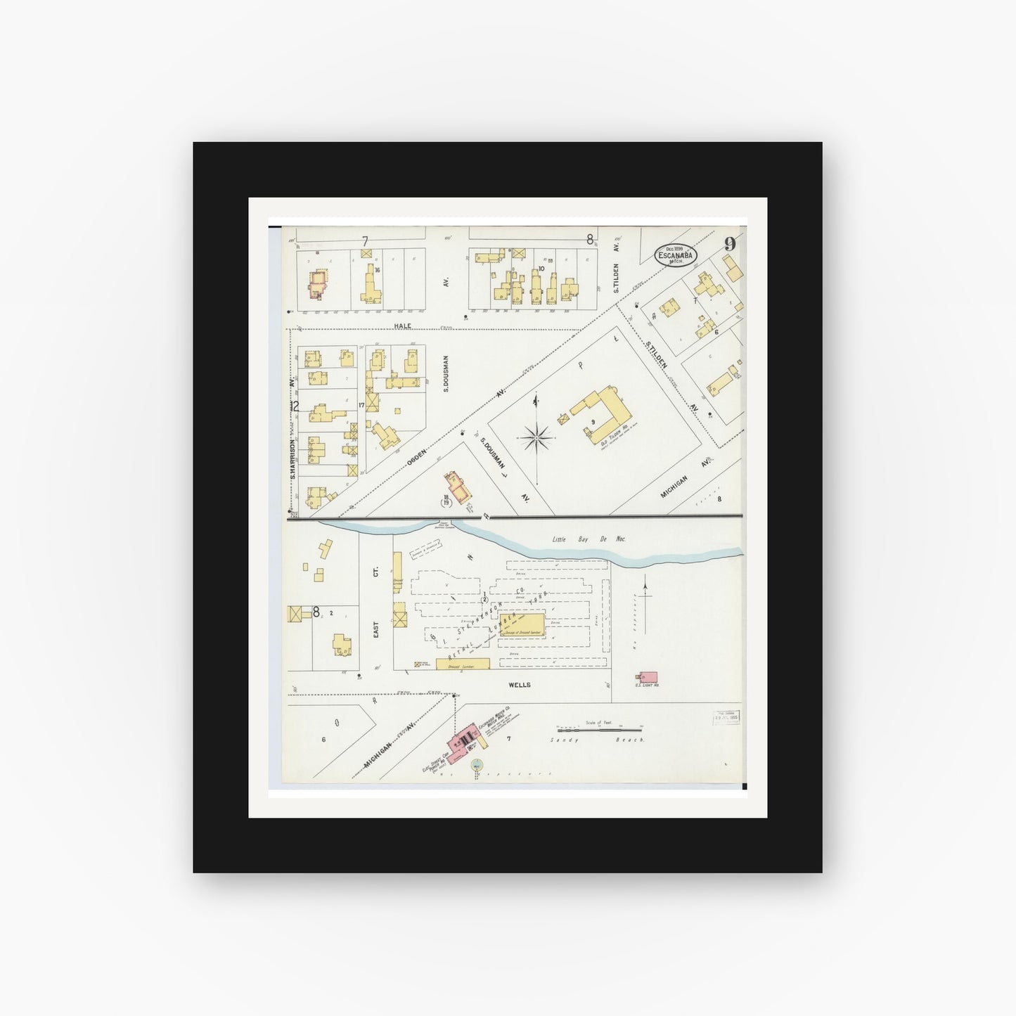 Old map wall art mockup — black gallery frame with white mat — Sanborn Fire Insurance Map from Escanaba, Delta County, Michigan (1899), Sheet #0009