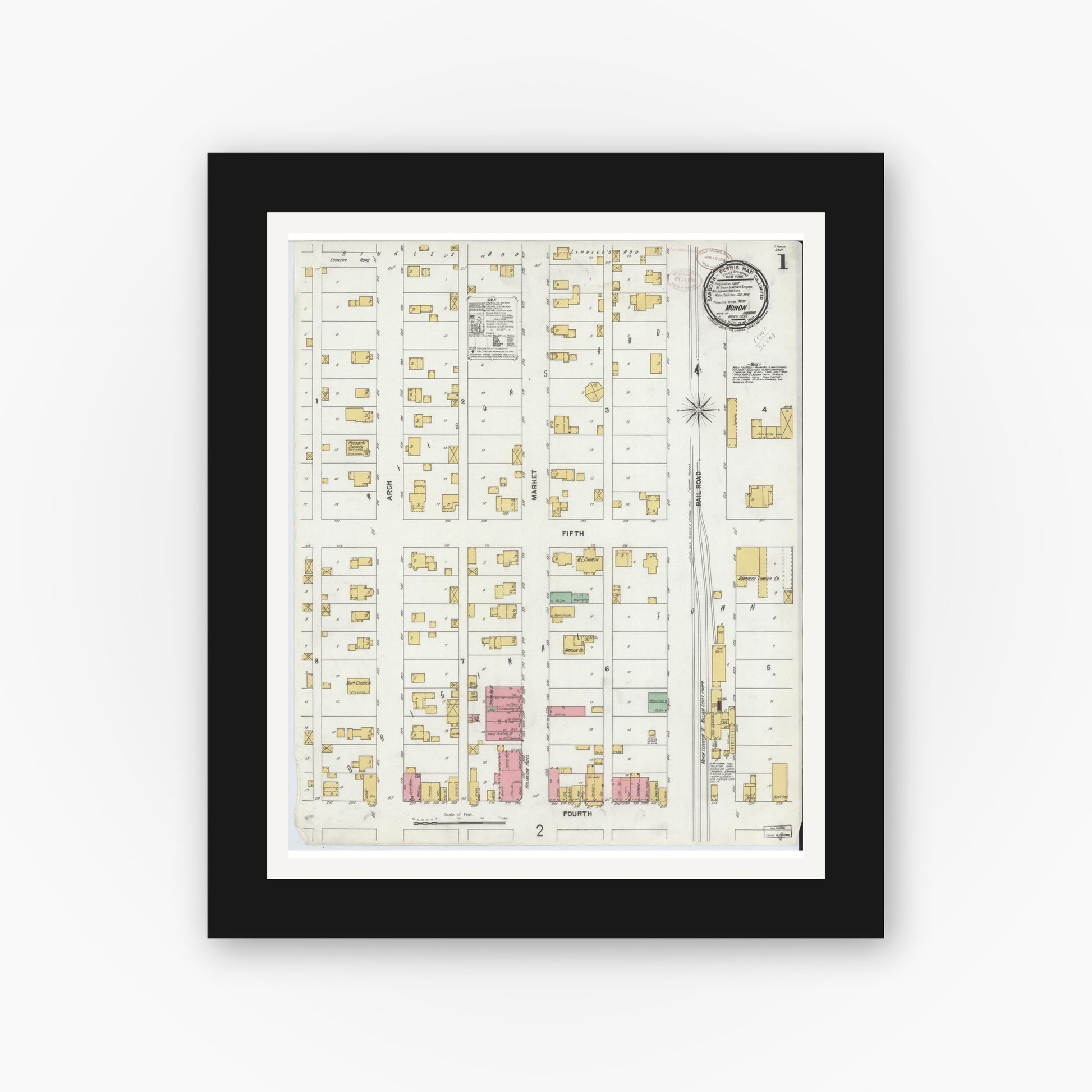 Old map wall art mockup — black gallery frame with white mat — Sanborn Fire Insurance Map from Monon, White County, Indiana (1899), Sheet #0001