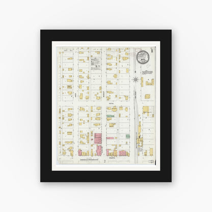 Old map wall art mockup — black gallery frame with white mat — Sanborn Fire Insurance Map from Monon, White County, Indiana (1899), Sheet #0001