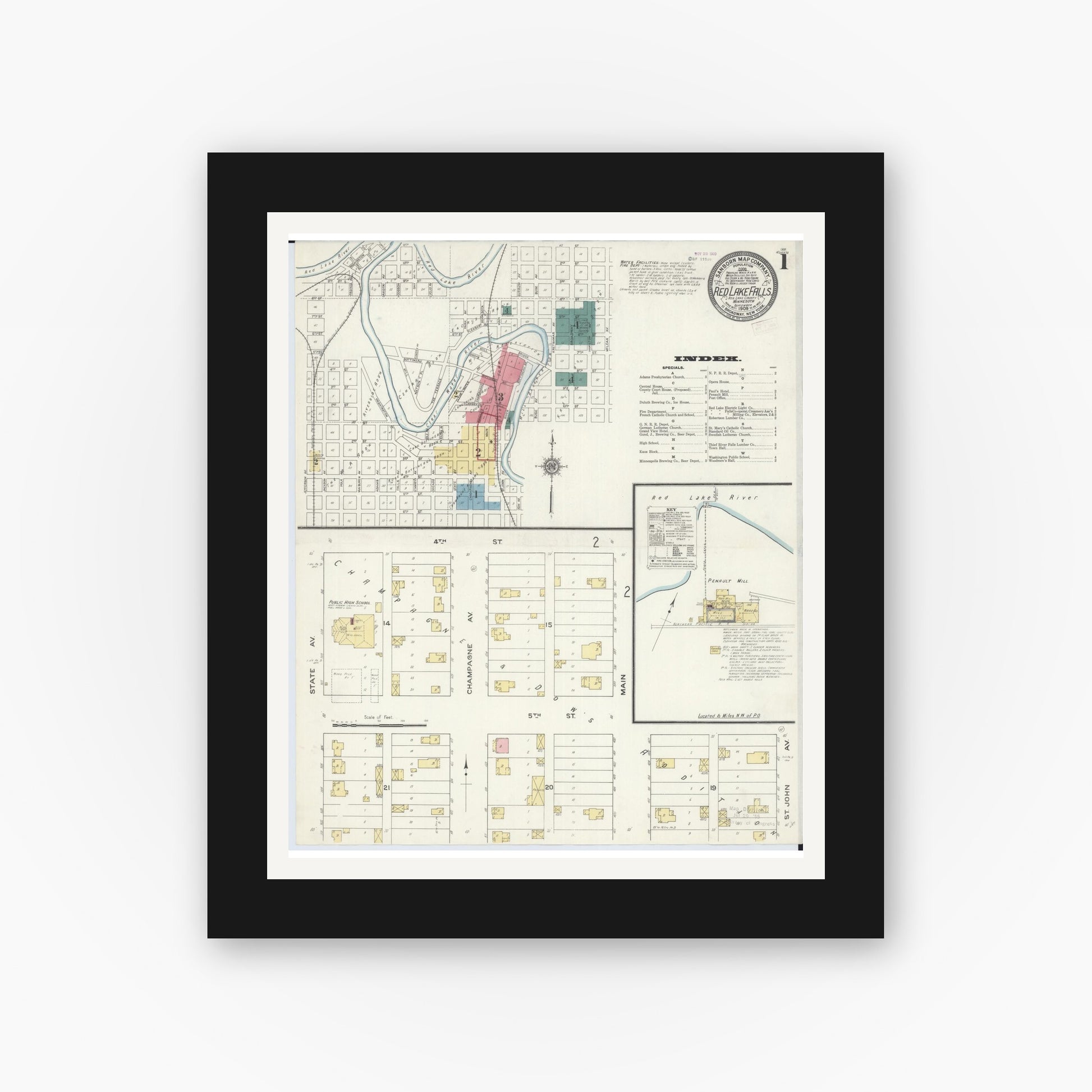 Old map wall art mockup — black gallery frame with white mat — Sanborn Fire Insurance Map from Red Lake Falls, Red Lake County, Minnesota (1909) - Complete Map Set