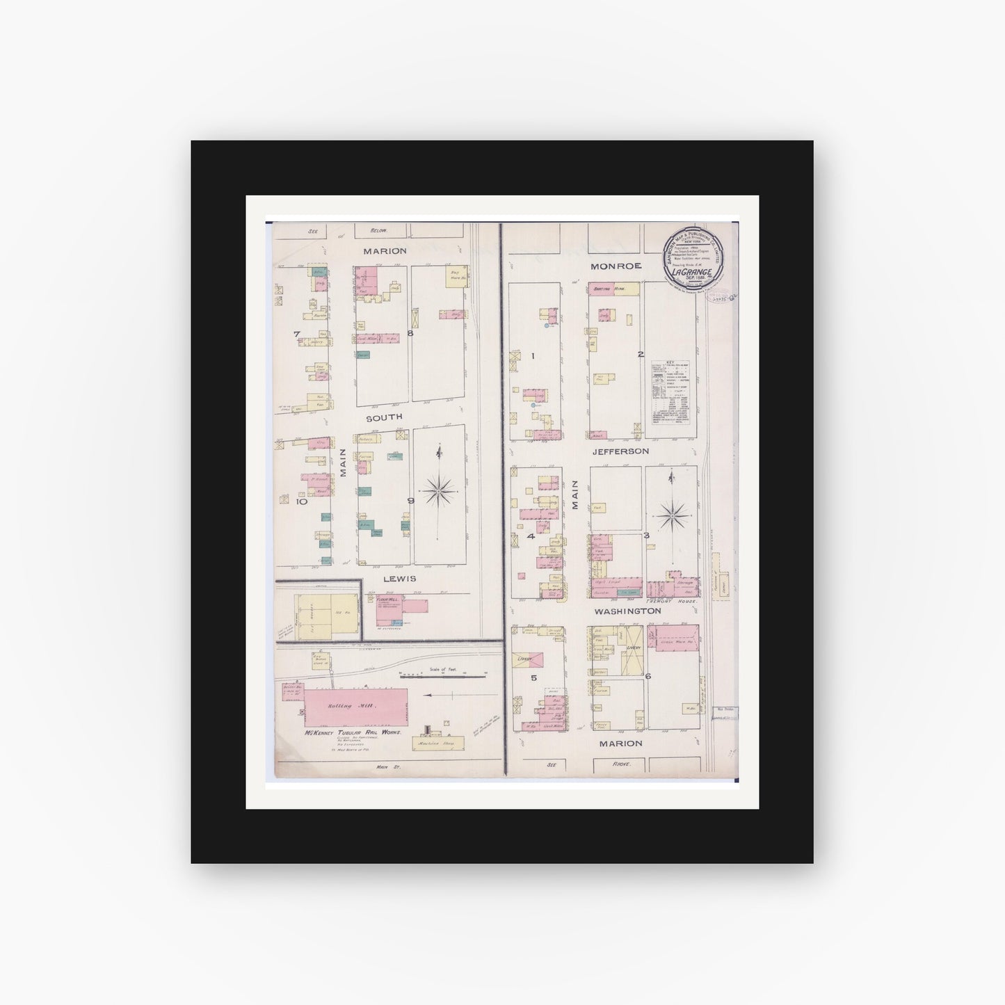 Old map wall art mockup — black gallery frame with white mat — Sanborn Fire Insurance Map from La Grange, Lewis County, Missouri (1885), Sheet #0001