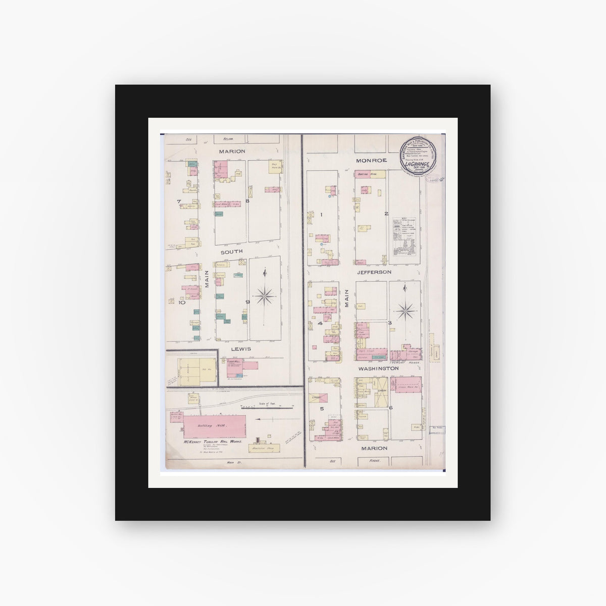 Old map wall art mockup — black gallery frame with white mat — Sanborn Fire Insurance Map from La Grange, Lewis County, Missouri (1885), Sheet #0001