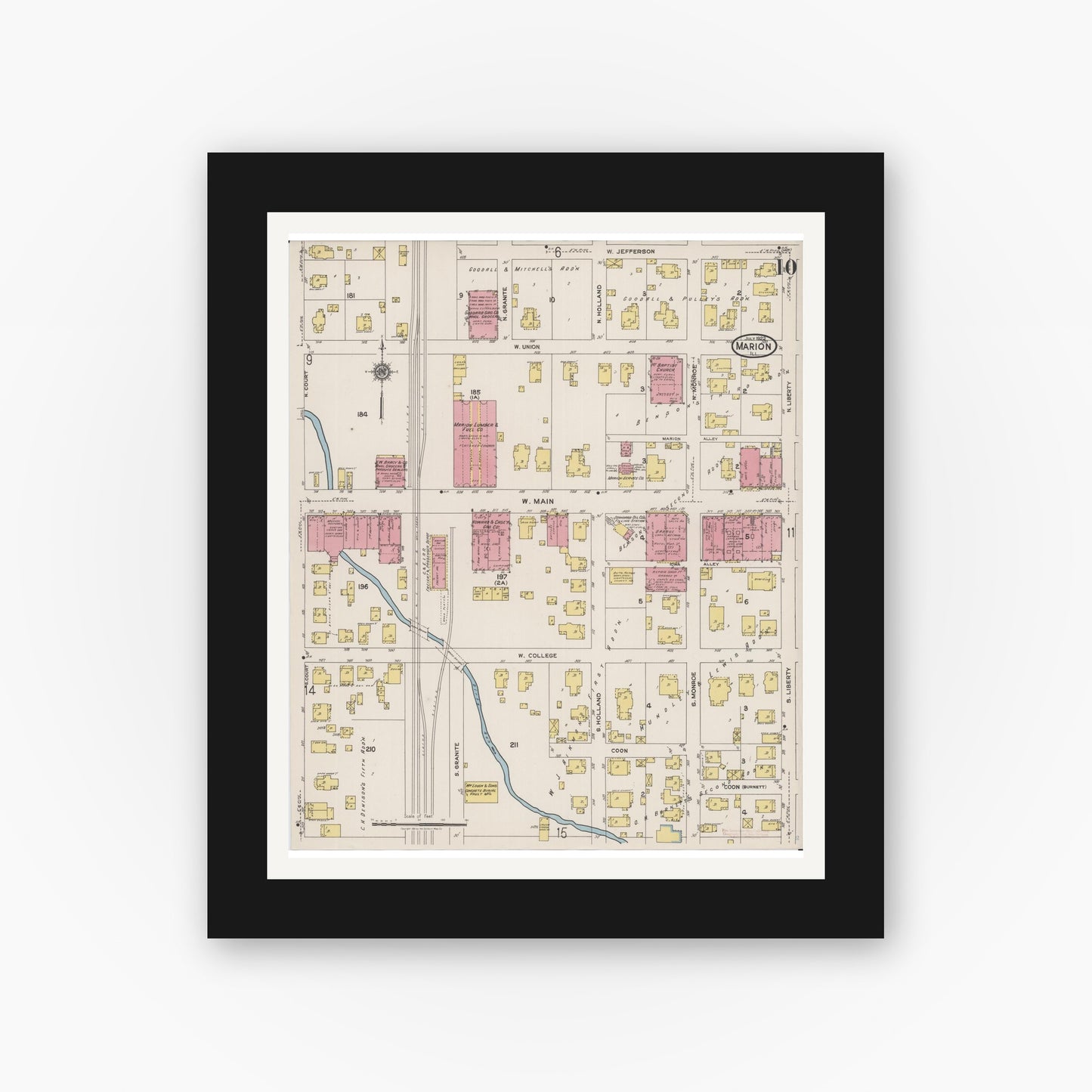 Old map wall art mockup — black gallery frame with white mat — Sanborn Fire Insurance Map from Marion, Williamson County, Illinois (1922), Sheet #0010