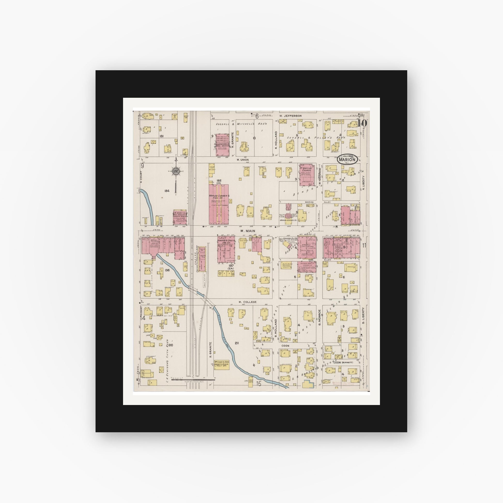 Old map wall art mockup — black gallery frame with white mat — Sanborn Fire Insurance Map from Marion, Williamson County, Illinois (1922), Sheet #0010