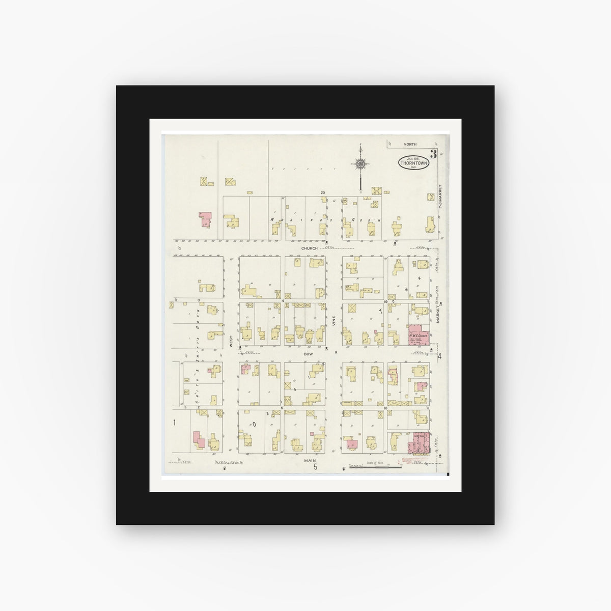 Old map wall art mockup — black gallery frame with white mat — Sanborn Fire Insurance Map from Thorntown, Boone County, Indiana (1915), Sheet #0003