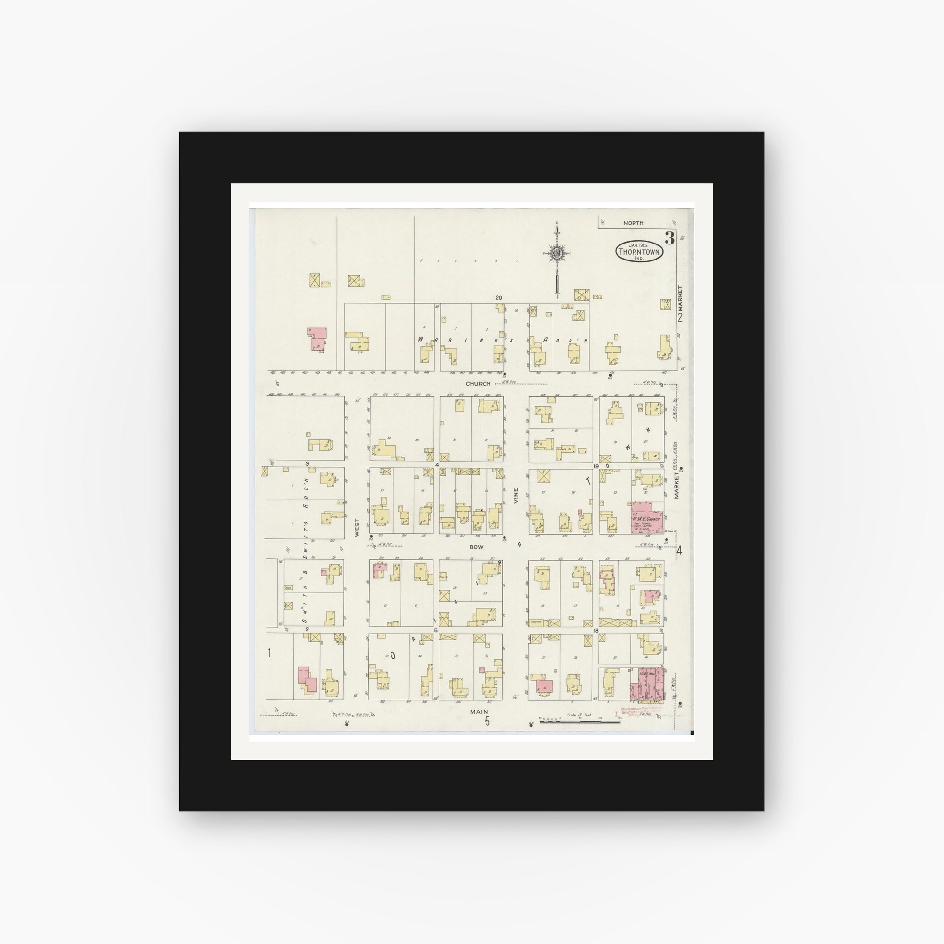 Old map wall art mockup — black gallery frame with white mat — Sanborn Fire Insurance Map from Thorntown, Boone County, Indiana (1915), Sheet #0003