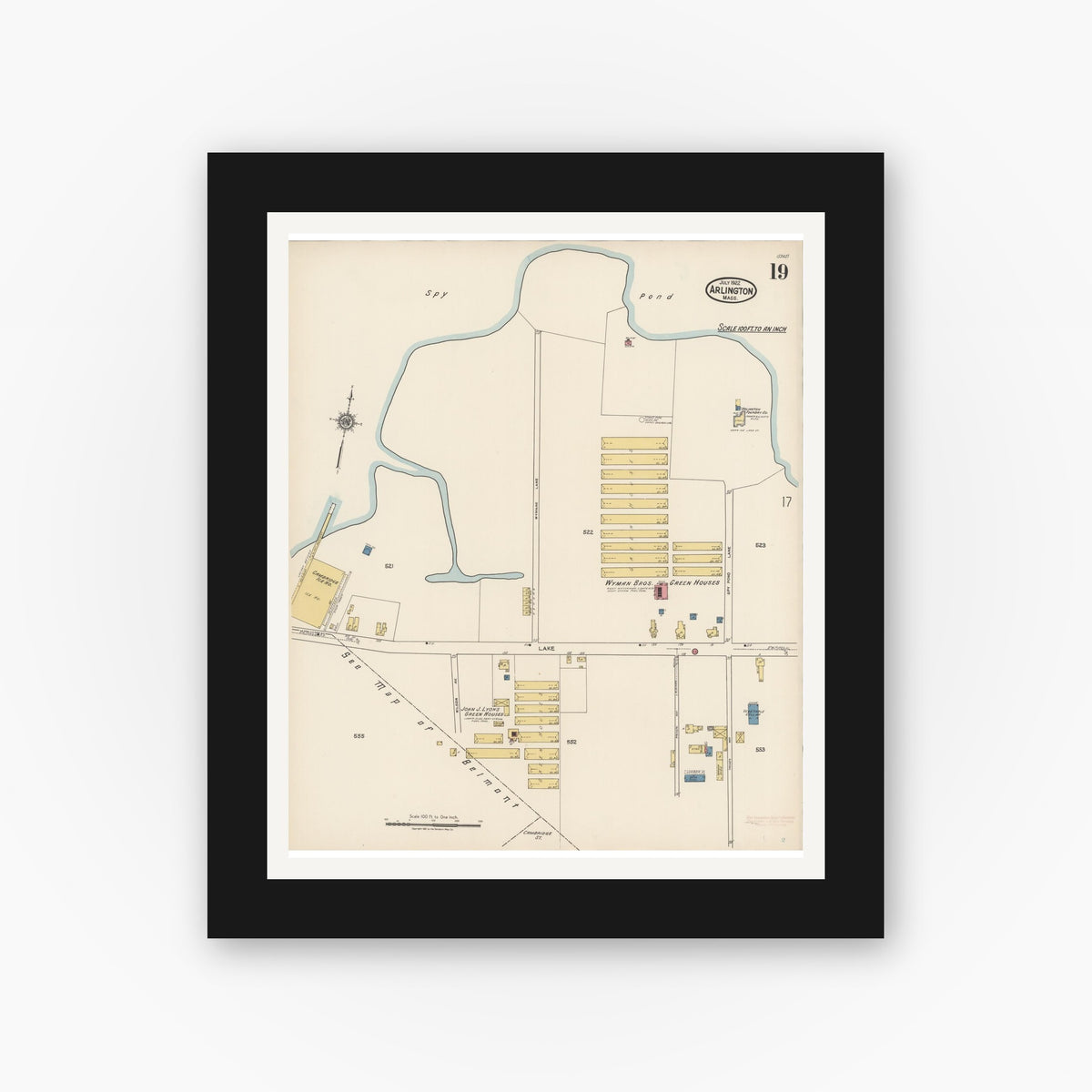 Old map wall art mockup — black gallery frame with white mat — Sanborn Fire Insurance Map from Arlington, Middlesex County, Massachusetts (1922), Sheet #0019