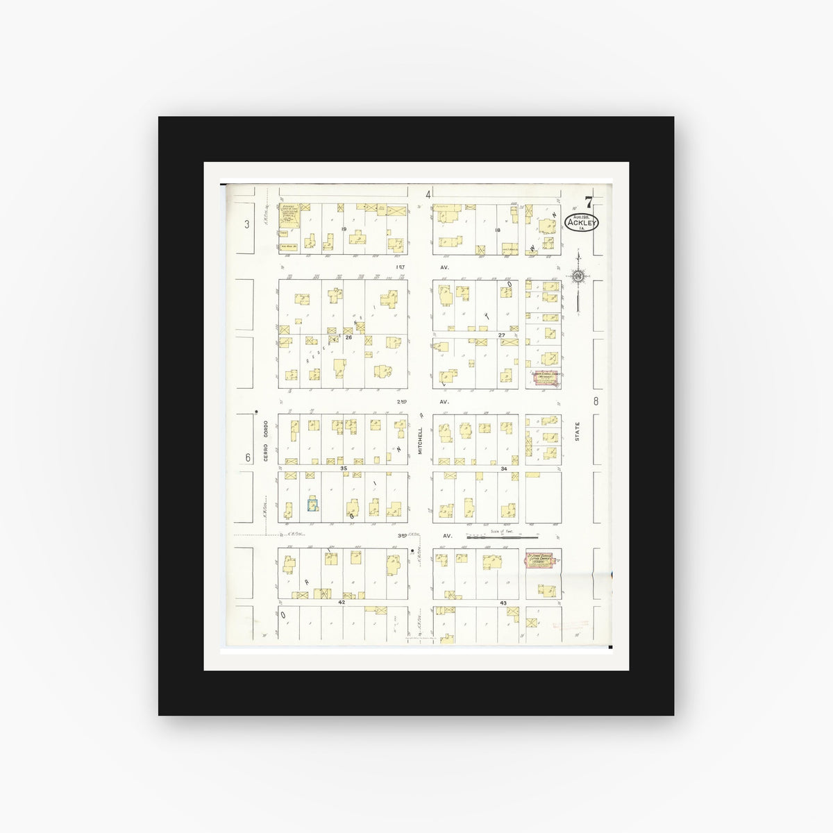 Old map wall art mockup — black gallery frame with white mat — Sanborn Fire Insurance Map from Ackley, Hardin and Franklin Counties, Iowa (1916), Sheet #0007