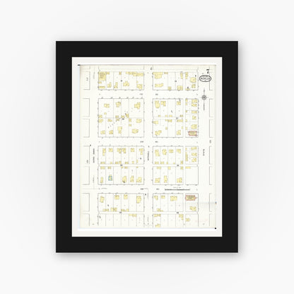 Old map wall art mockup — black gallery frame with white mat — Sanborn Fire Insurance Map from Ackley, Hardin and Franklin Counties, Iowa (1916), Sheet #0007