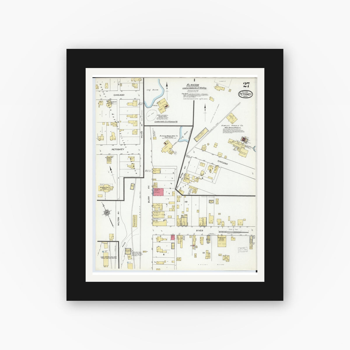 Old map wall art mockup — black gallery frame with white mat — Sanborn Fire Insurance Map from Petoskey, Emmet County, Michigan (1919), Sheet #0027