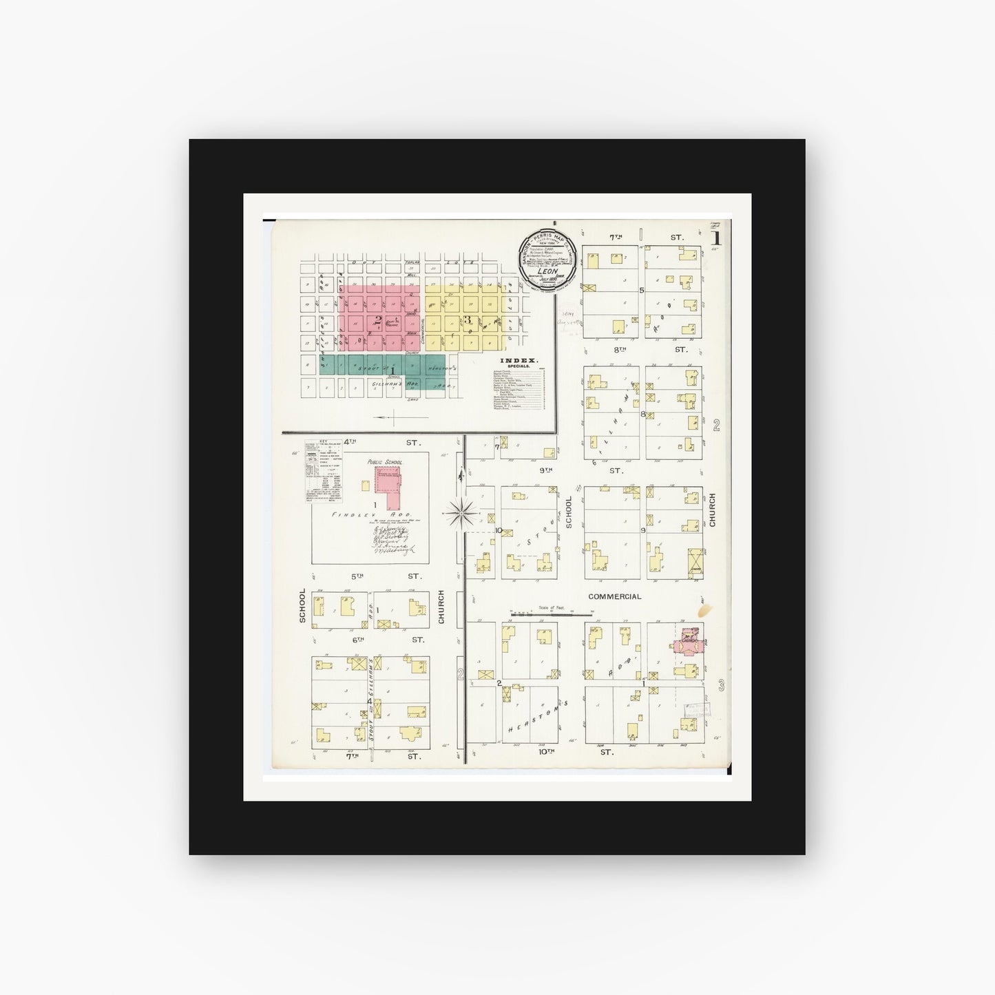 Old map wall art mockup — black gallery frame with white mat — Sanborn Fire Insurance Map from Leon, Decatur County, Iowa (1893) â€” Complete Set