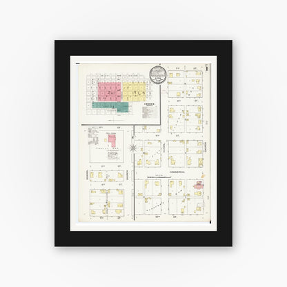 Old map wall art mockup — black gallery frame with white mat — Sanborn Fire Insurance Map from Leon, Decatur County, Iowa (1893) â€” Complete Set