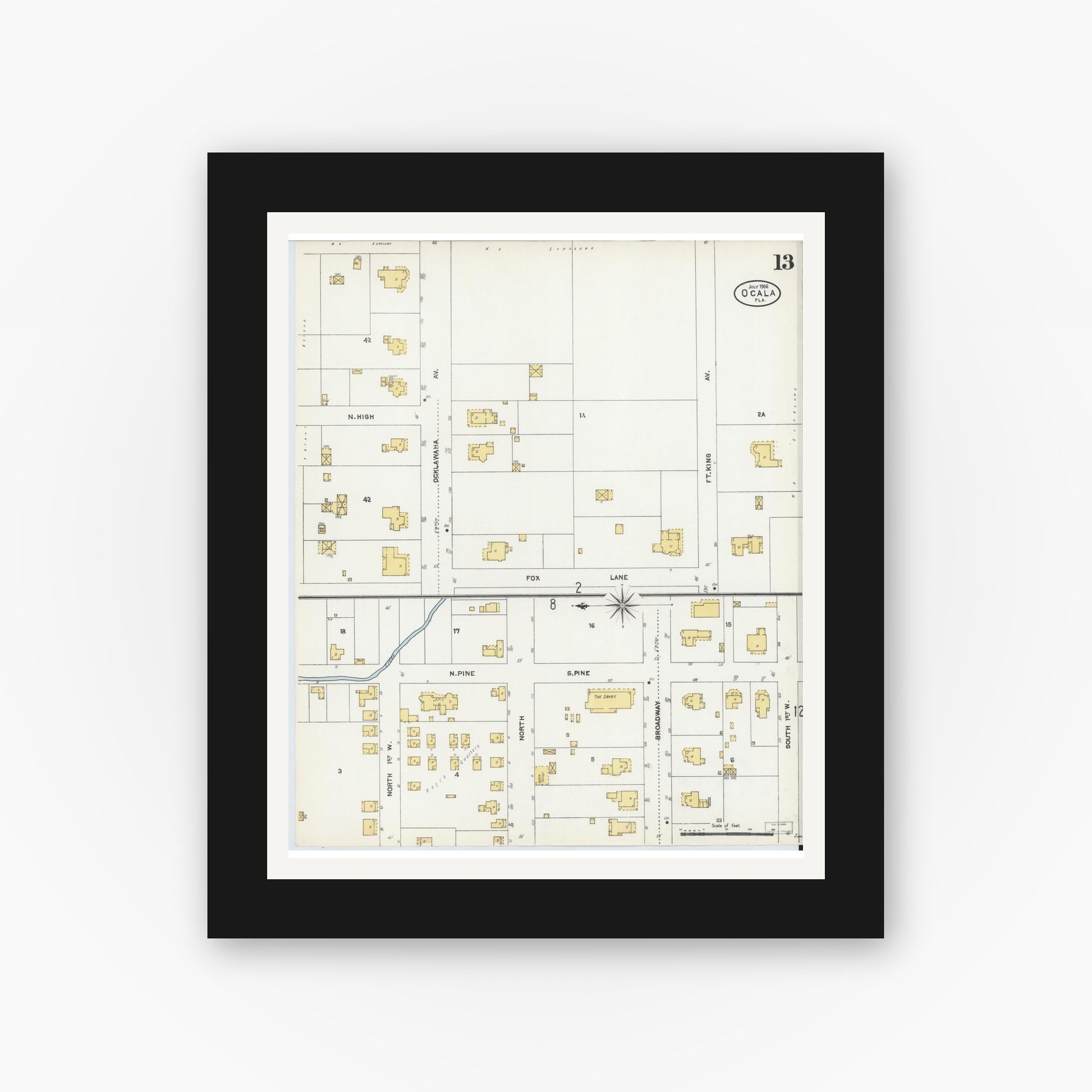 Old map wall art mockup — black gallery frame with white mat — Sanborn Fire Insurance Map from Ocala, Marion County, Florida (1906), Sheet #0013
