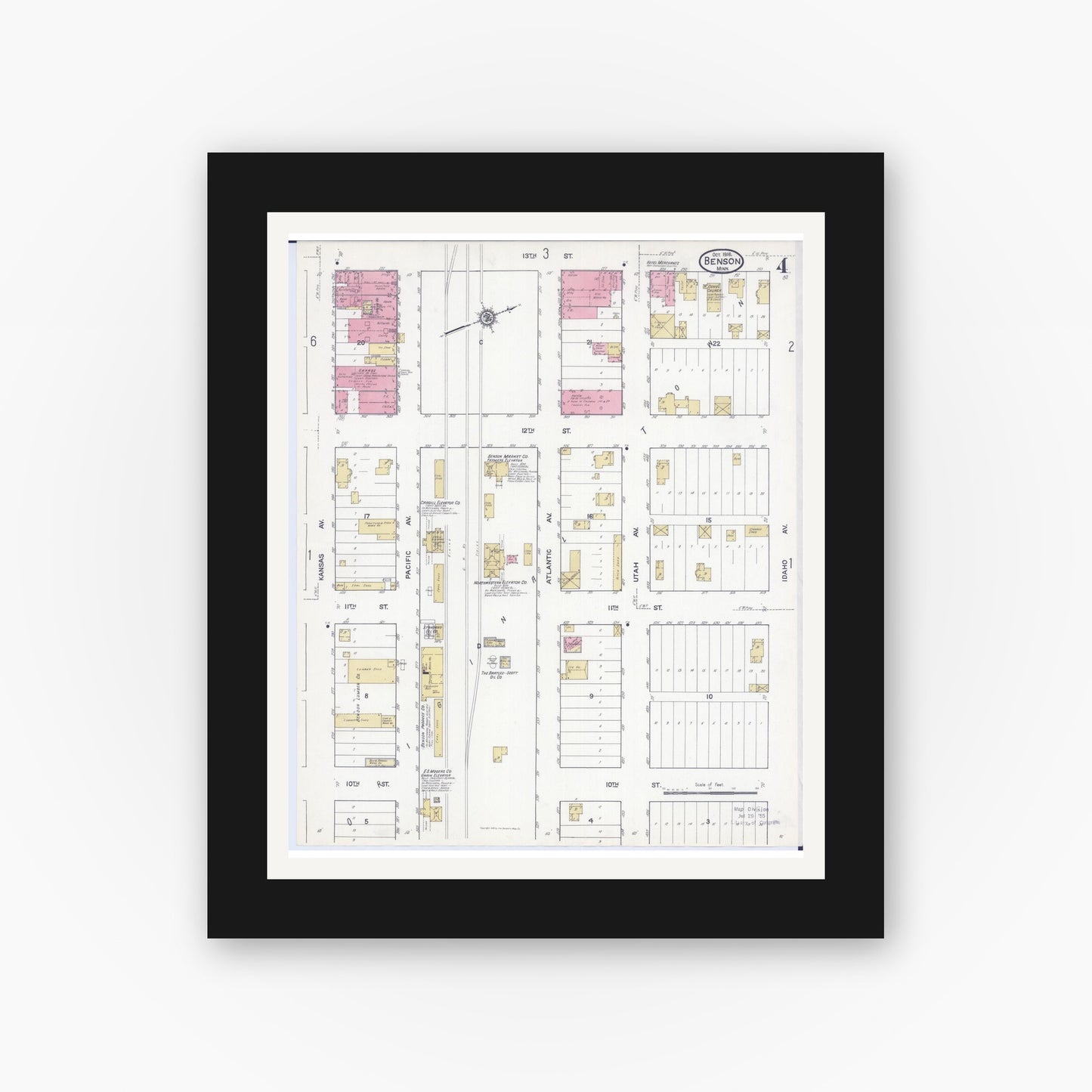 Old map wall art mockup — black gallery frame with white mat — Sanborn Fire Insurance Map from Benson, Swift County, Minnesota (1916), Sheet #0004