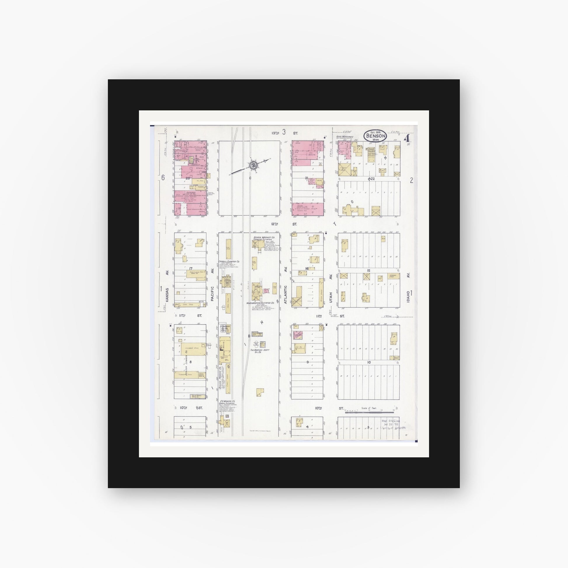 Old map wall art mockup — black gallery frame with white mat — Sanborn Fire Insurance Map from Benson, Swift County, Minnesota (1916), Sheet #0004